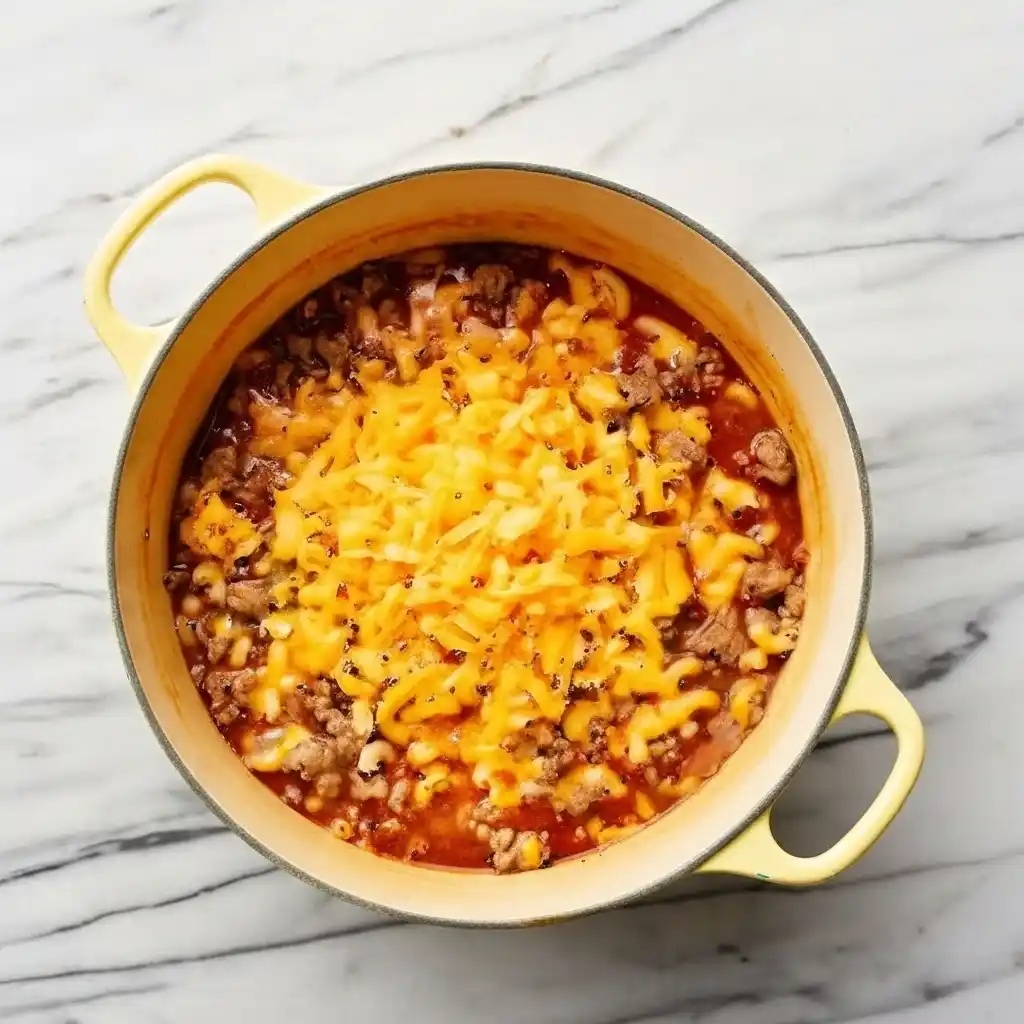 Melting shredded cheddar into hamburger helper
