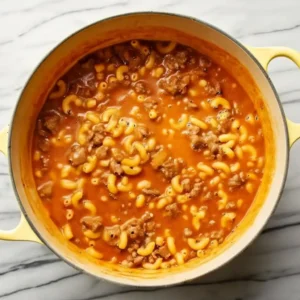 Homemade hamburger helper simmering with beef and macaroni in tomato sauce