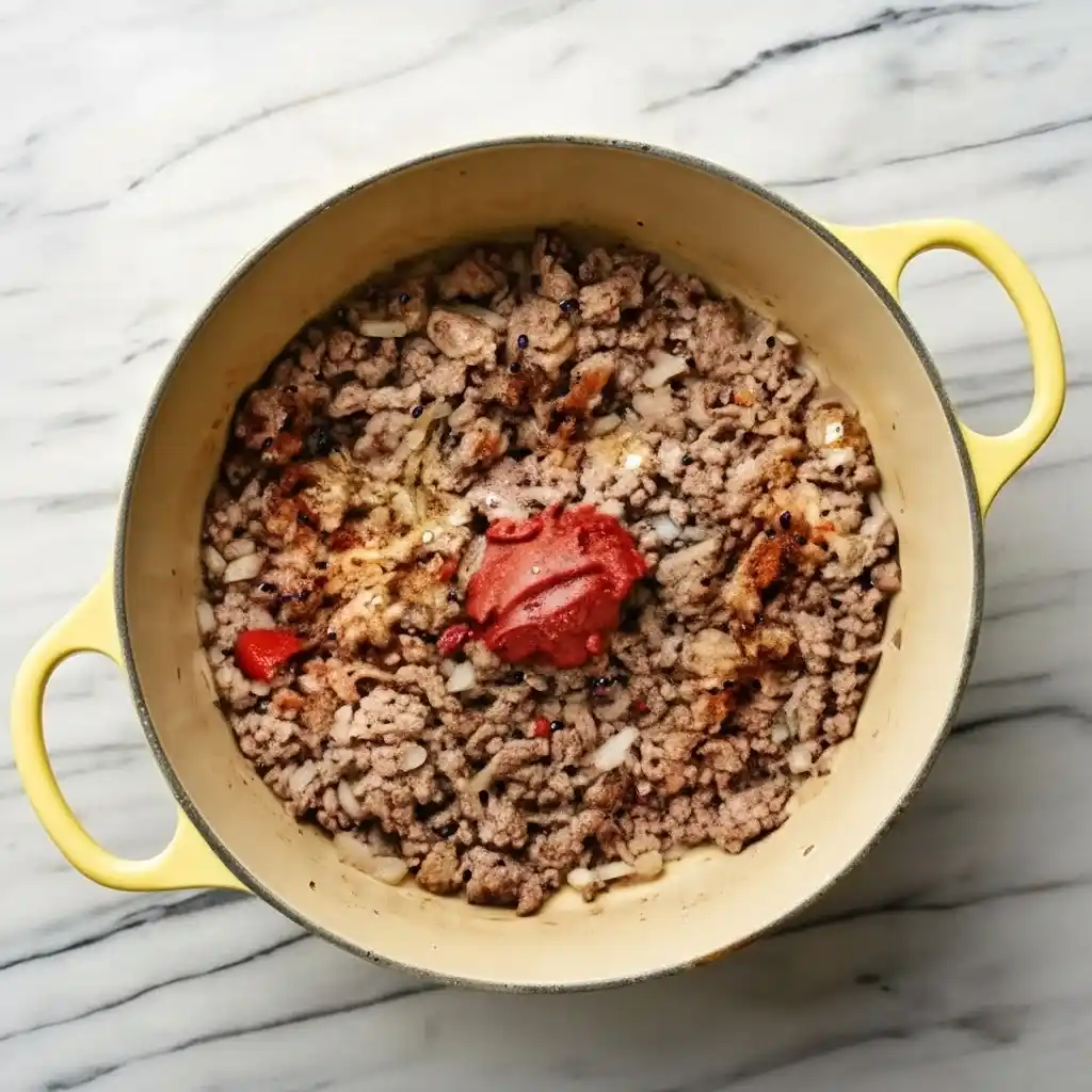 Homemade hamburger helper simmering in pot with pasta and beef