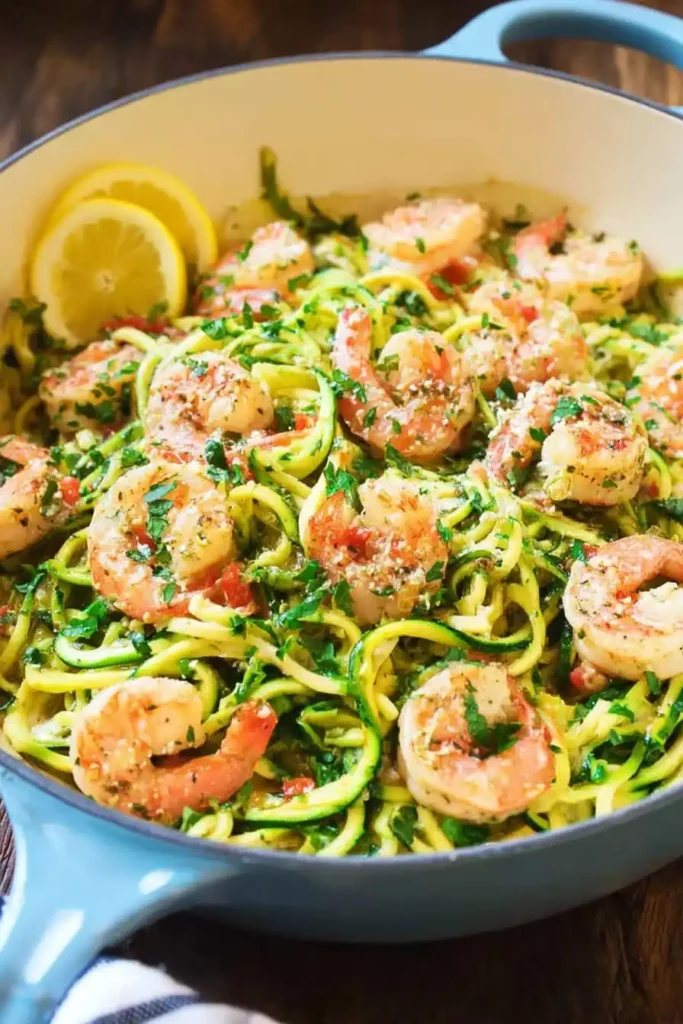 Featured image of healthy lemon shrimp scampi with zucchini noodles, cooked in a garlic lemon sauce and garnished with parsley and lemon slices.