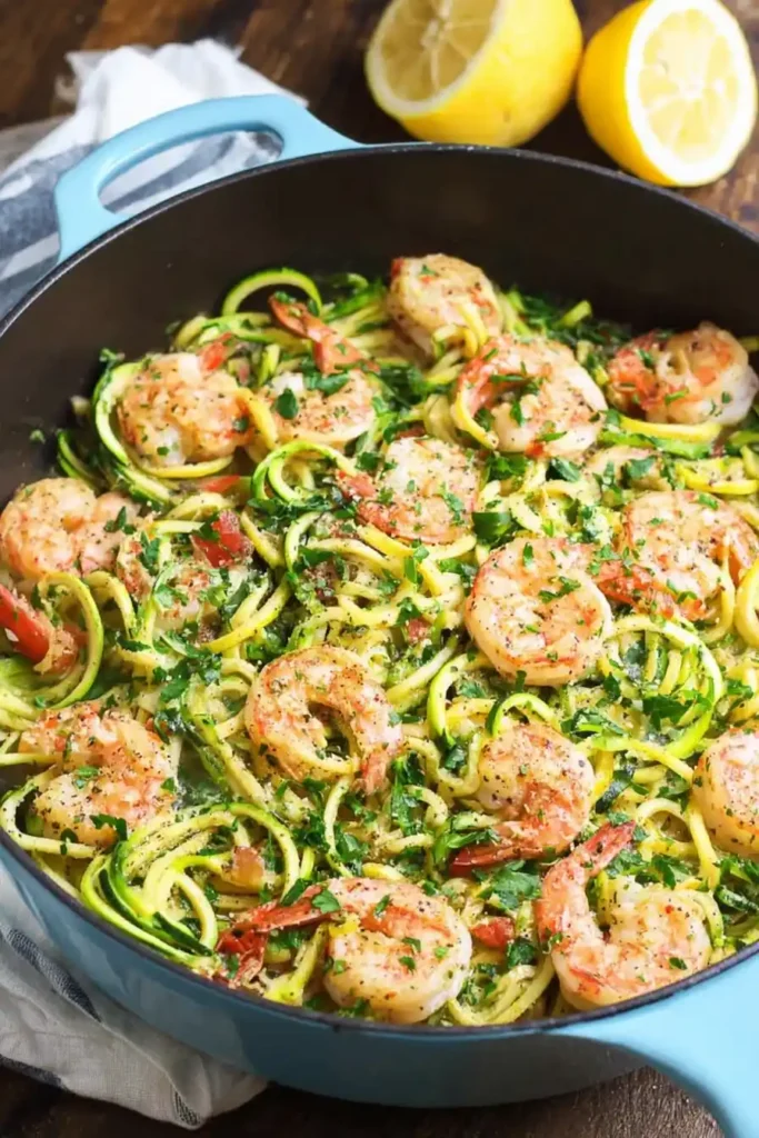 Light and flavorful shrimp scampi with zoodles cooked in garlic and lemon