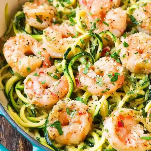 shrimp scampi with zucchini noodles and herbs
