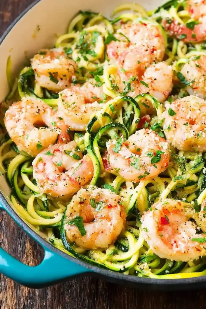 shrimp scampi with zucchini noodles and herbs
