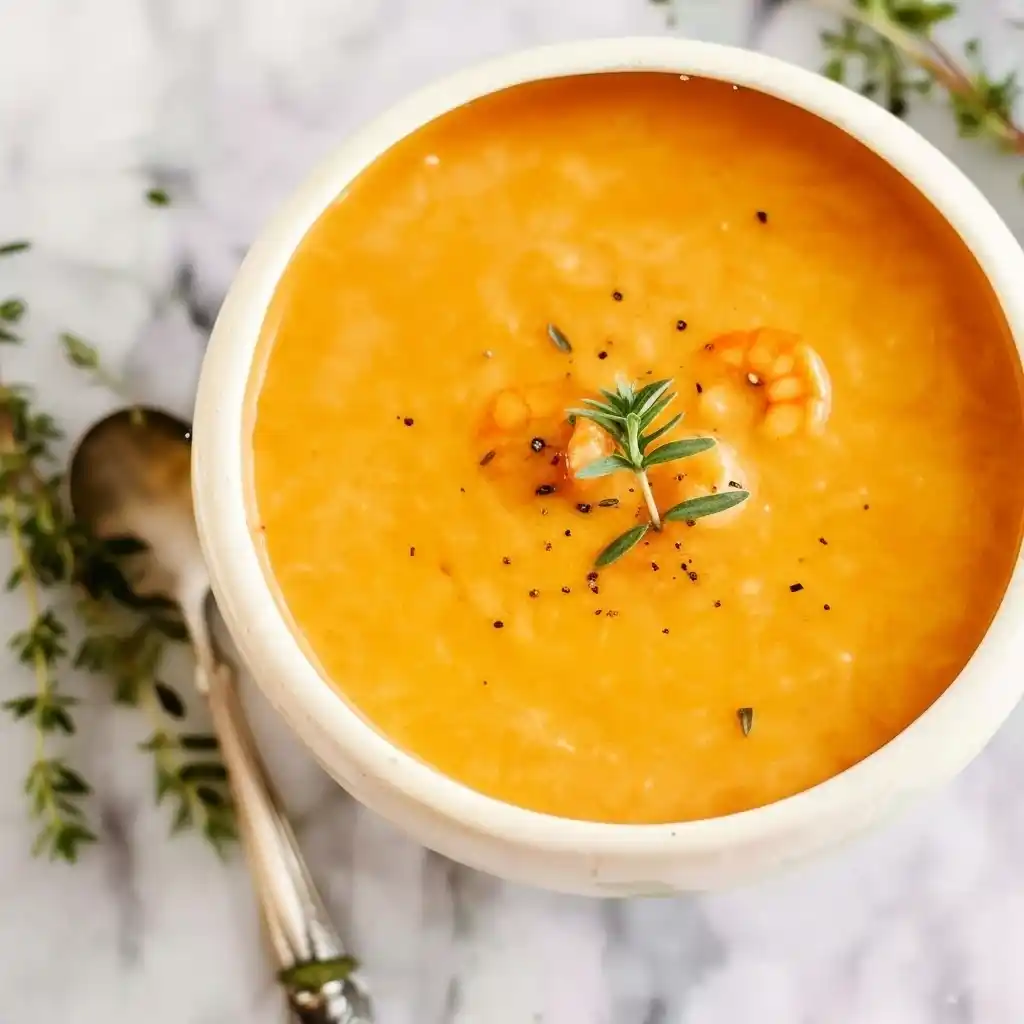 Healthy shrimp bisque soup with coconut milk in a white bowl