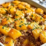 Golden-brown hobo casserole with bubbling cheese and beef filling