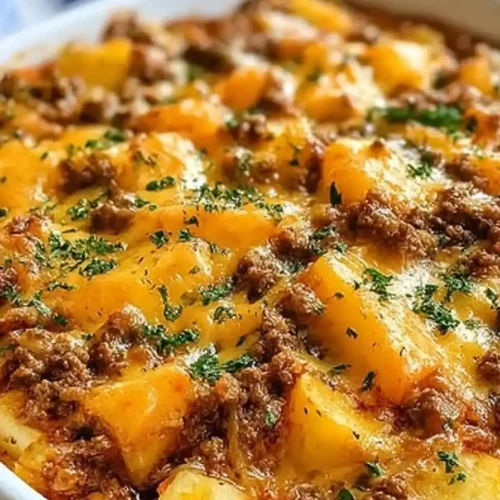 Hobo Casserole with Ground Beef baked in a white dish topped with melted cheese and parsley