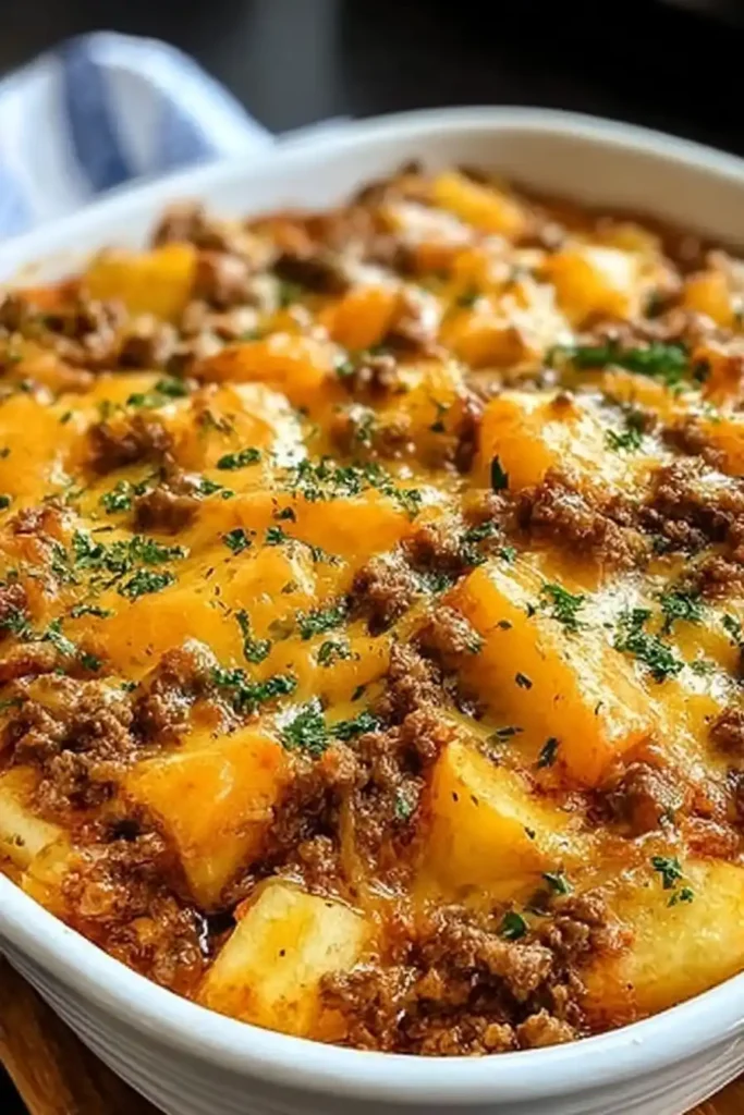 Hobo Casserole with Ground Beef baked in a white dish topped with melted cheese and parsley