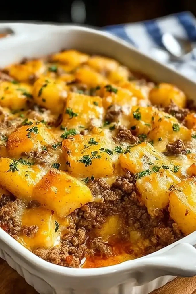 Golden-brown hobo casserole with bubbling cheese and beef filling