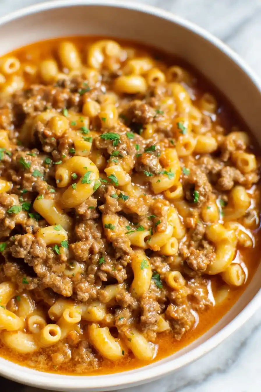 Homemade Hamburger Helper with macaroni and beef in a creamy tomato cheddar sauce