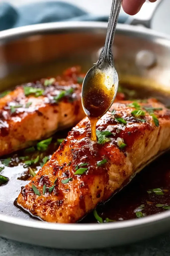 honey garlic glazed salmon cooking in skillet with glaze