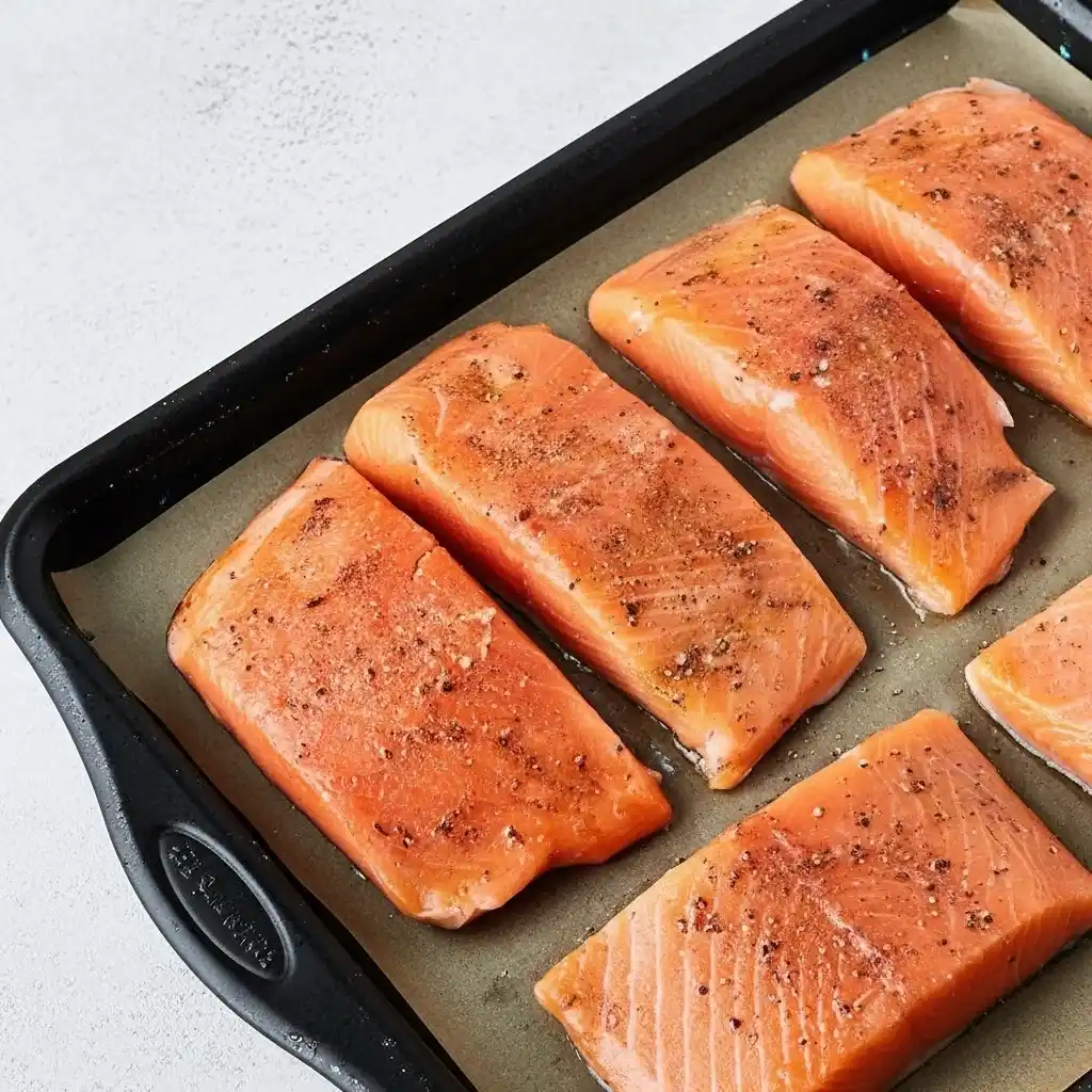 seasoned salmon fillets on baking tray