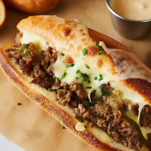 Close-up of cheesy Ground Beef Philly Cheesesteak sandwich