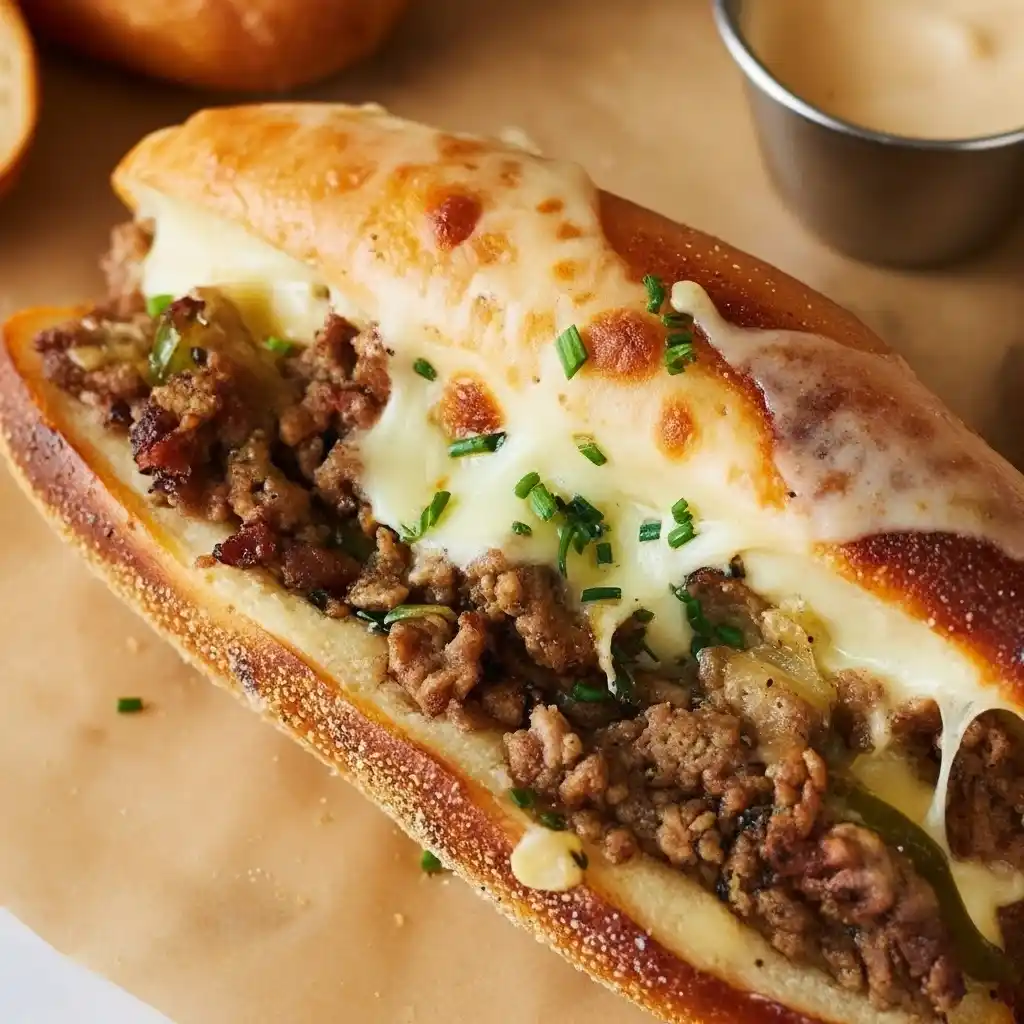 Close-up of cheesy Ground Beef Philly Cheesesteak sandwich