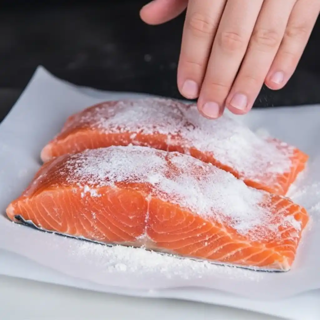 salmon fillets dusted with flour before pan frying