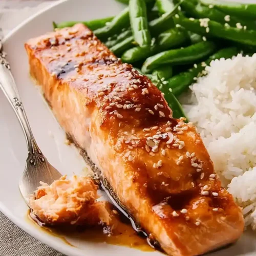 miso salmon served with rice and green beans