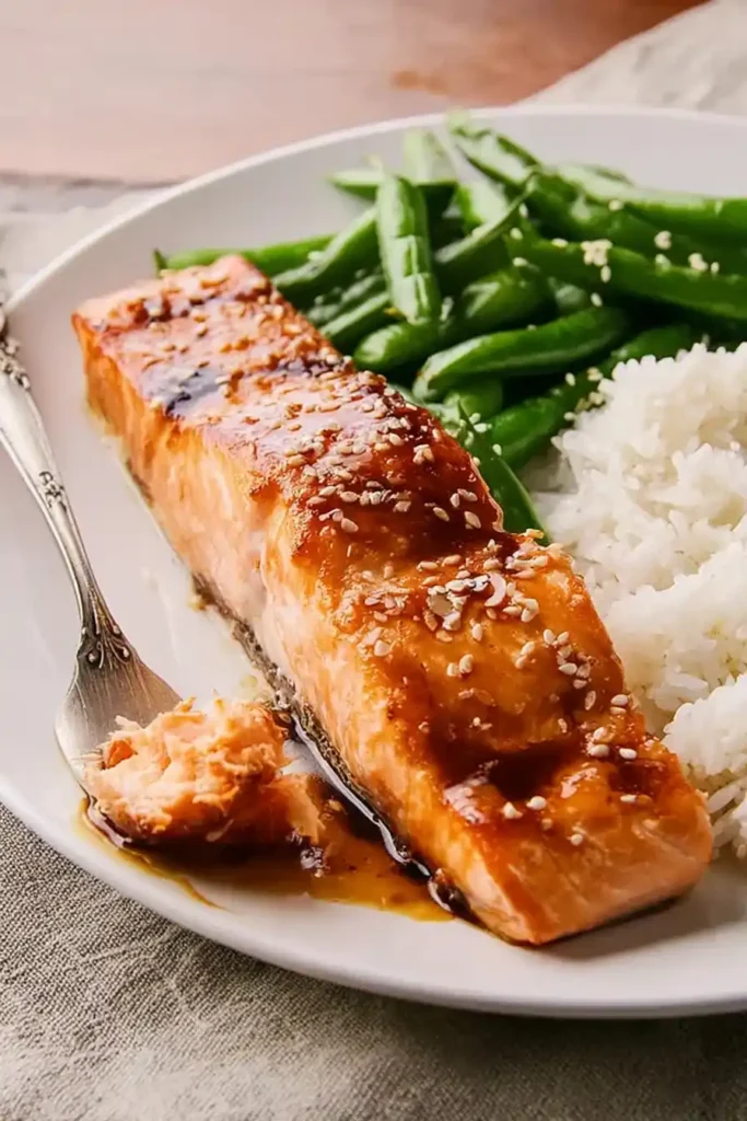 miso salmon served with rice and green beans