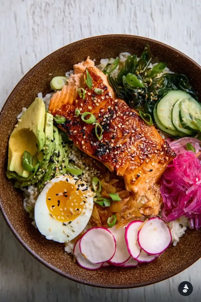 Sticky miso salmon bowl with rice and vegetables