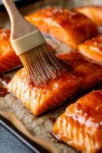 Brushing miso salmon marinade on raw salmon fillets before baking