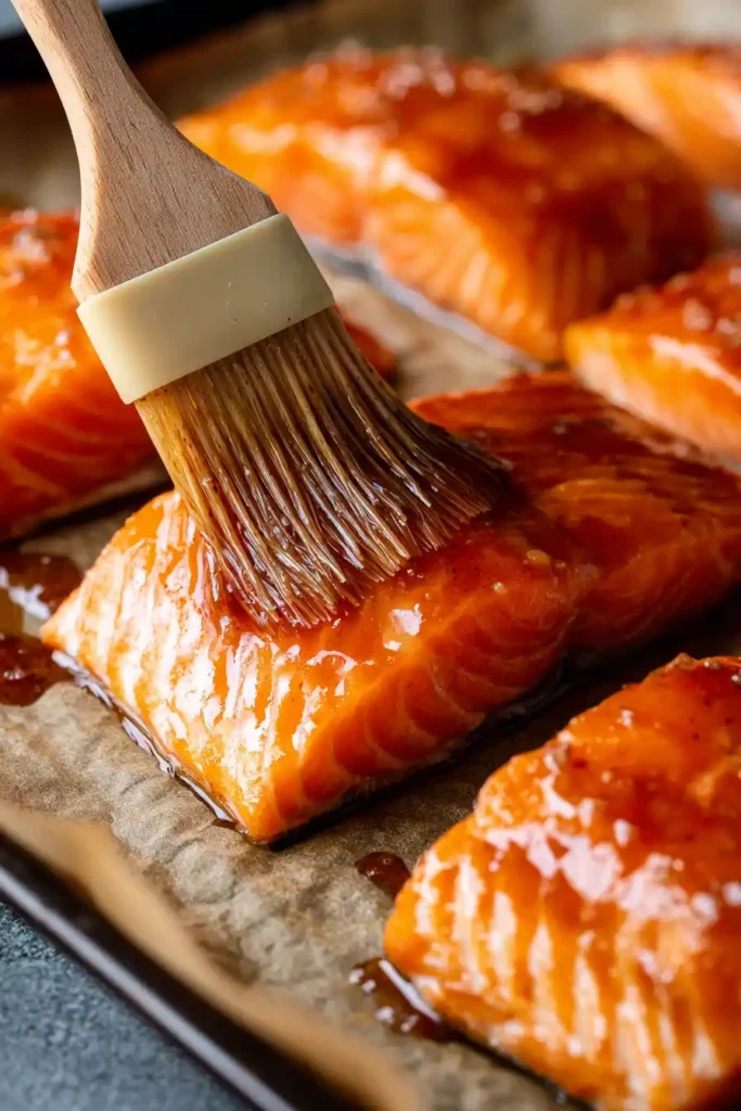 Brushing miso salmon marinade on raw salmon fillets before baking