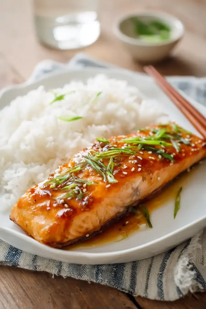 Miso salmon topped with sesame seeds served on rice with chopsticks
