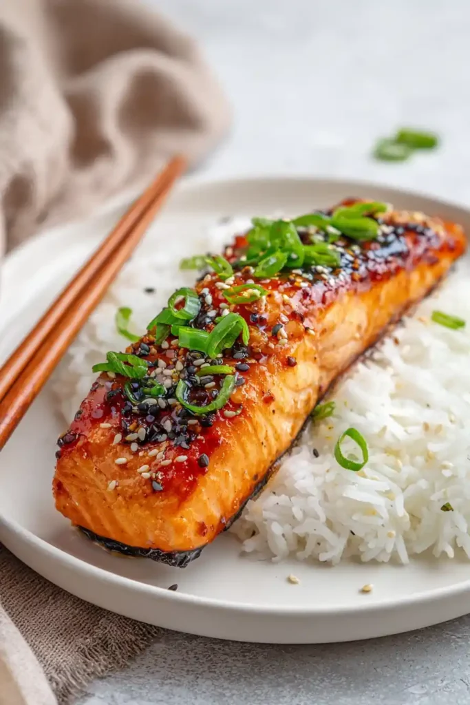 Miso Salmon Marinade served with jasmine rice and sesame seeds