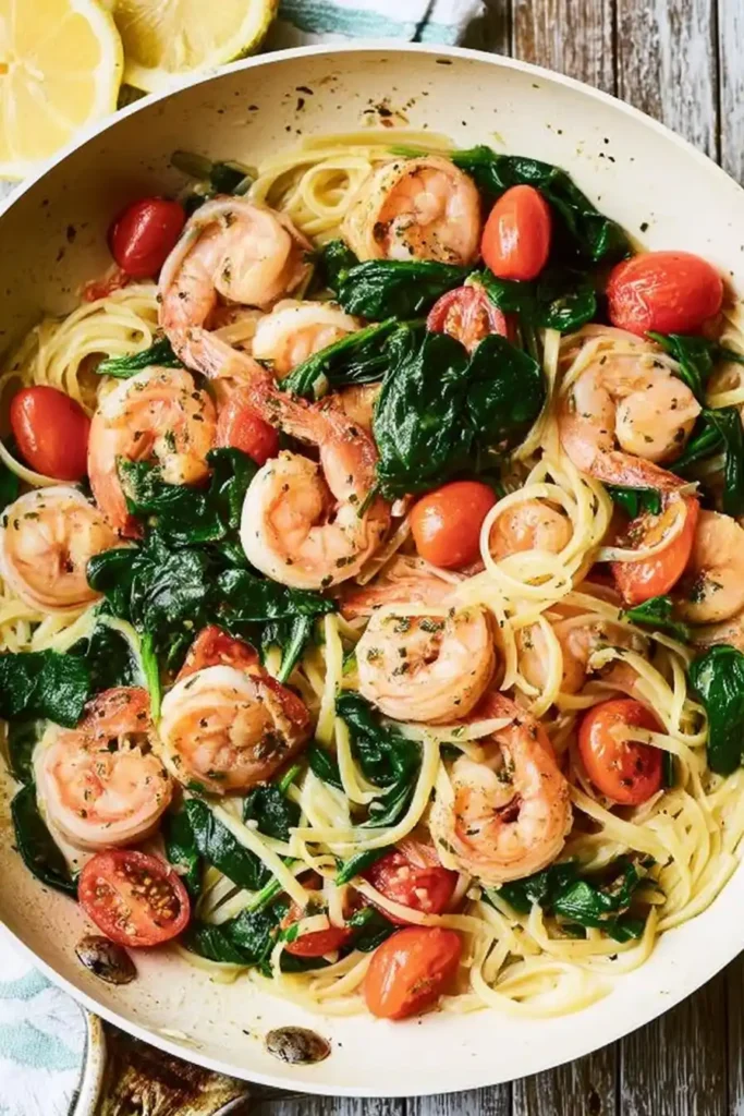 Tossing pasta with shrimp scampi sauce