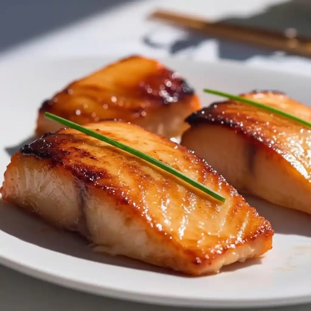 Miso salmon recipe Nobu: Miso salmon Nobu style served on white plate with garnish