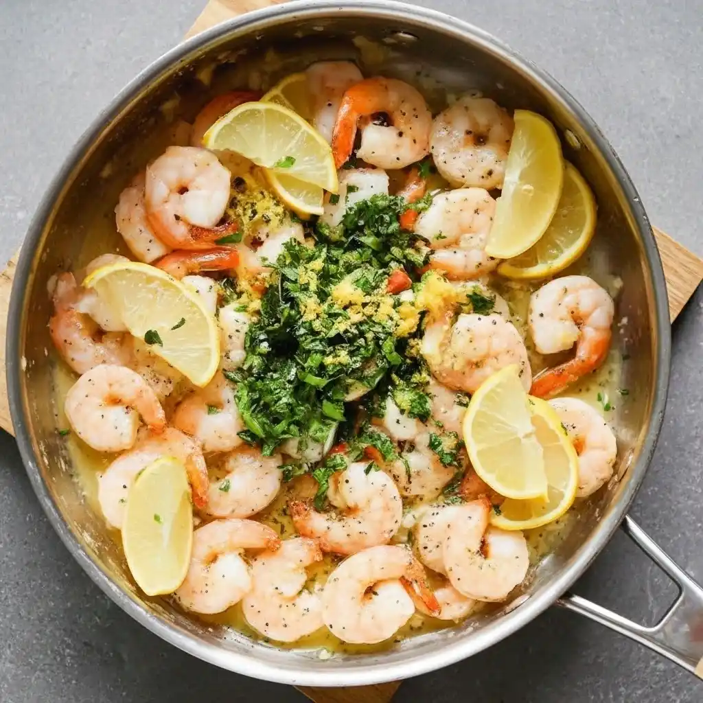 Shrimp sautéing with garlic, lemon and butter for shrimp scampi linguine