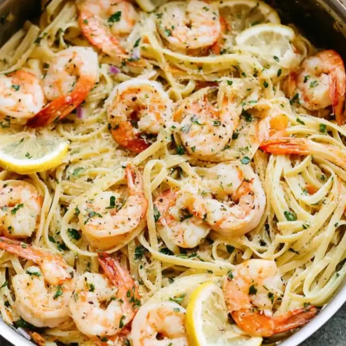 One Pan Shrimp Scampi with Linguine in garlic butter lemon sauce