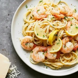 Served plate of One Pan Shrimp Scampi with Linguine with lemon and parsley