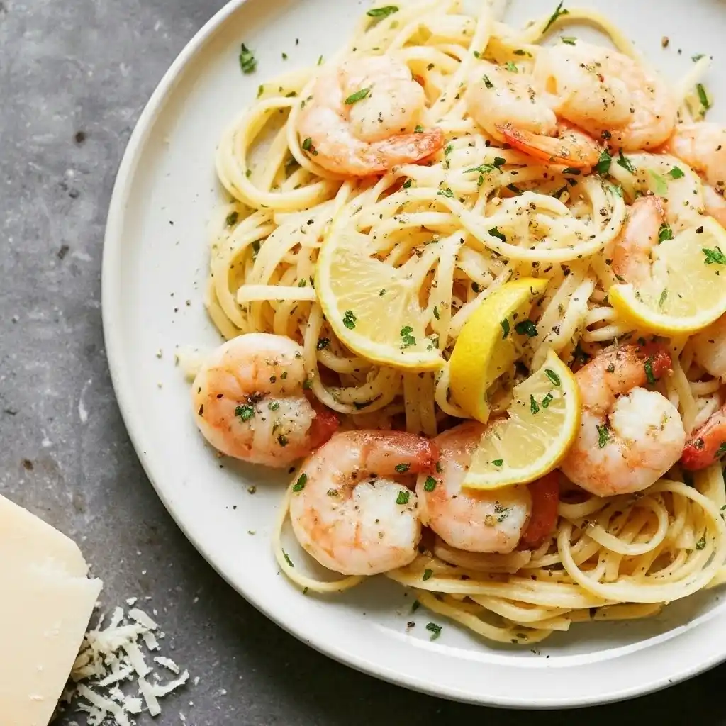 Served plate of One Pan Shrimp Scampi with Linguine with lemon and parsley