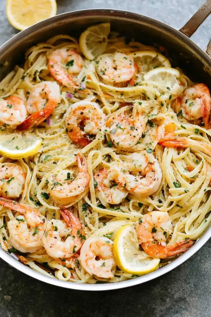 One Pan Shrimp Scampi with Linguine in garlic butter lemon sauce