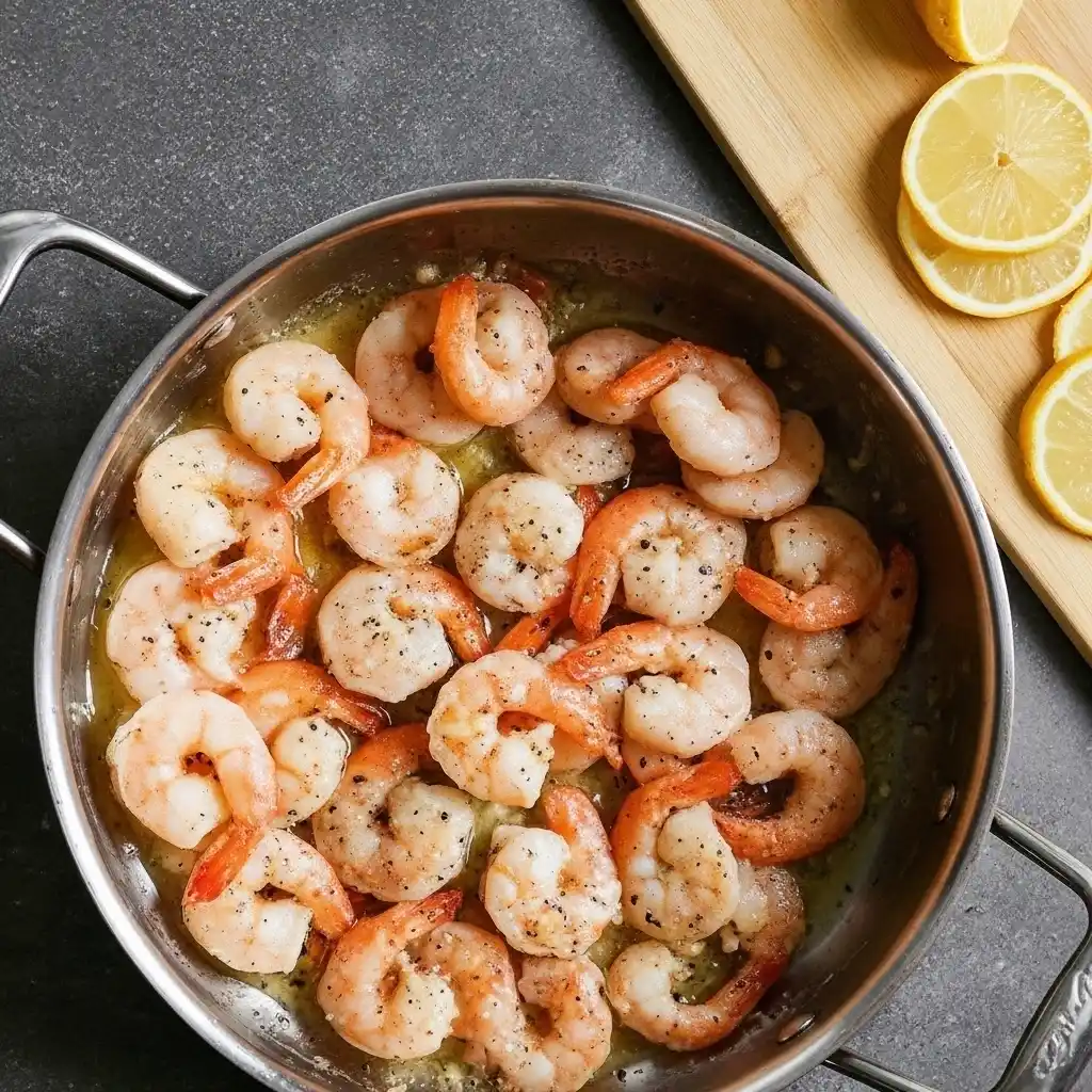 Shrimp sautéing with garlic and butter for shrimp scampi linguine