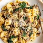 One Pot Cheesy Mushroom Spinach Beef Pasta in a creamy sauce with mushrooms and spinach