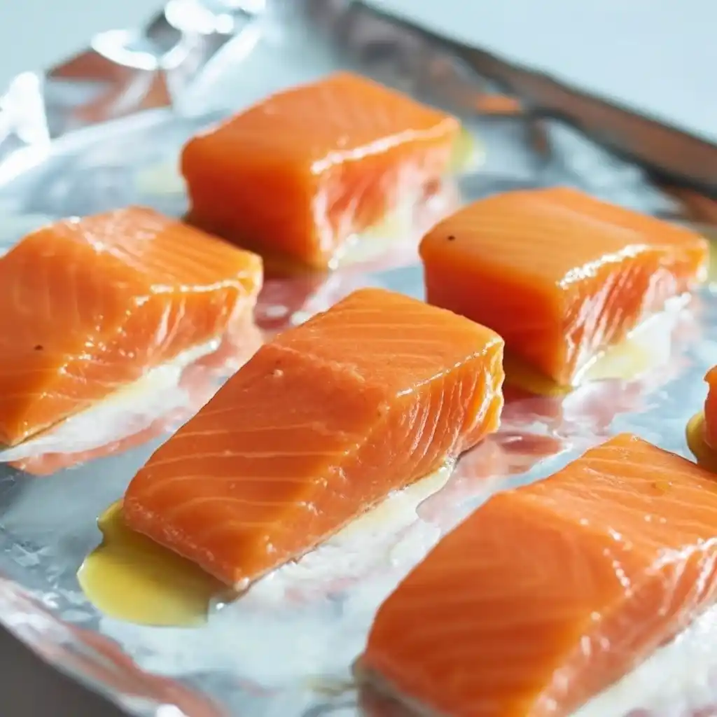 Salmon fillets placed on foil-lined tray before broiling
