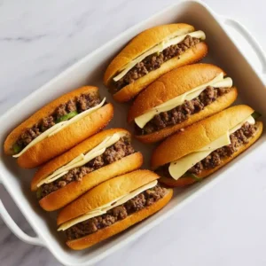 Philly cheesesteak sandwiches layered with provolone before baking