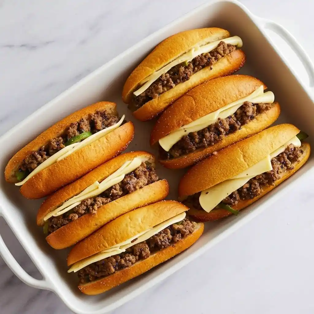 Philly cheesesteak sandwiches layered with provolone before baking