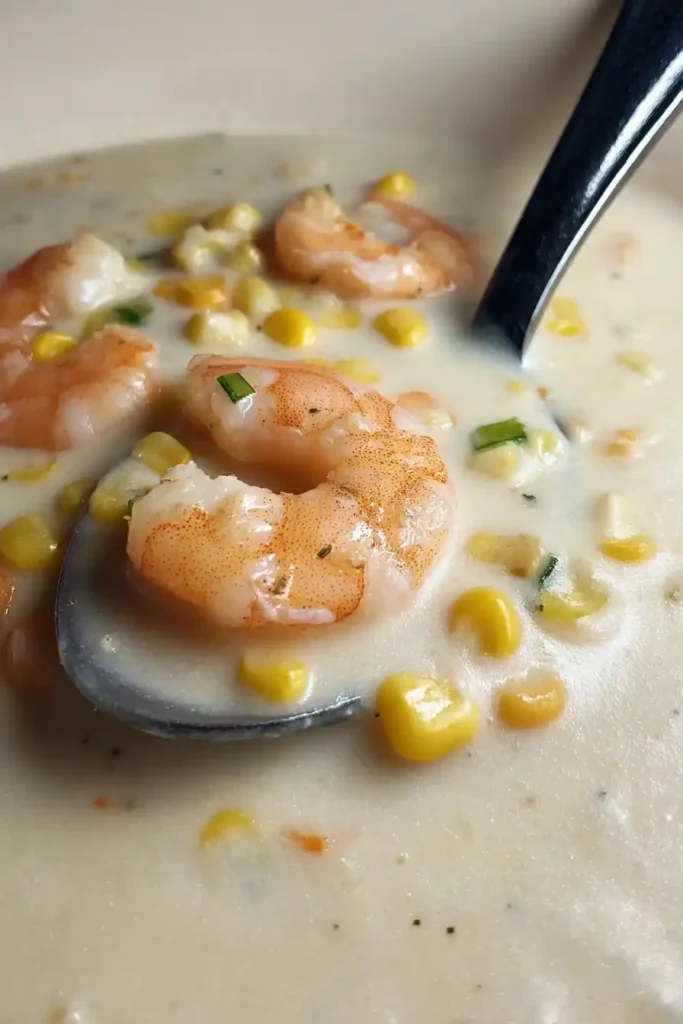 Ladle of shrimp and corn bisque showing shrimp, corn, and herbs