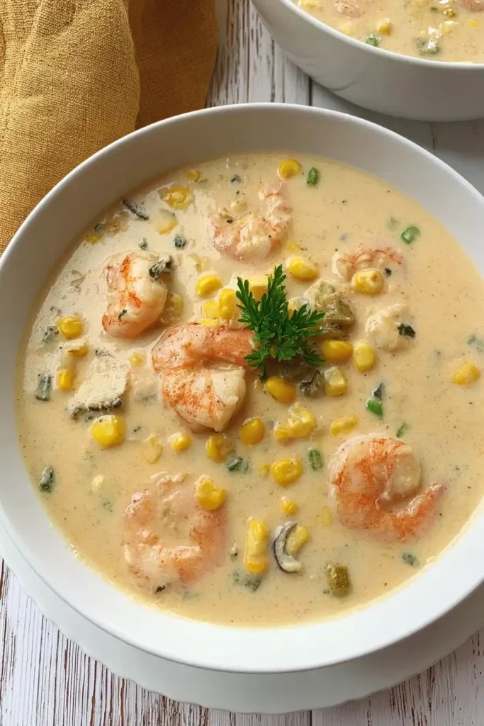 Creamy Shrimp and Corn Bisque with tender shrimp and sweet corn