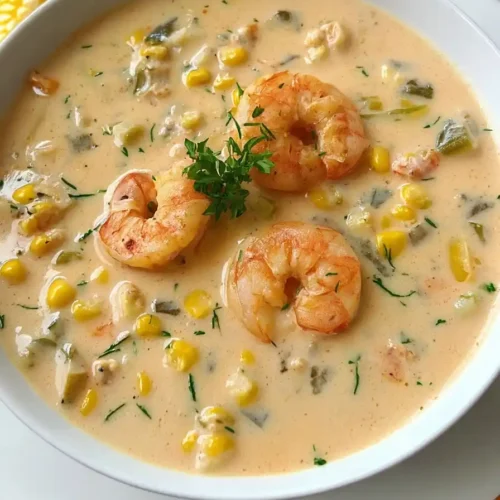 Creamy shrimp and corn bisque in a white bowl with fresh parsley
