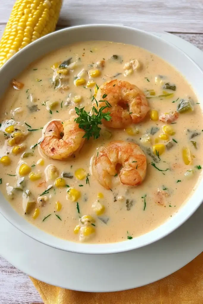 Creamy shrimp and corn bisque in a white bowl with fresh parsley