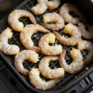 Shrimp cooking in air fryer basket for scampi recipe