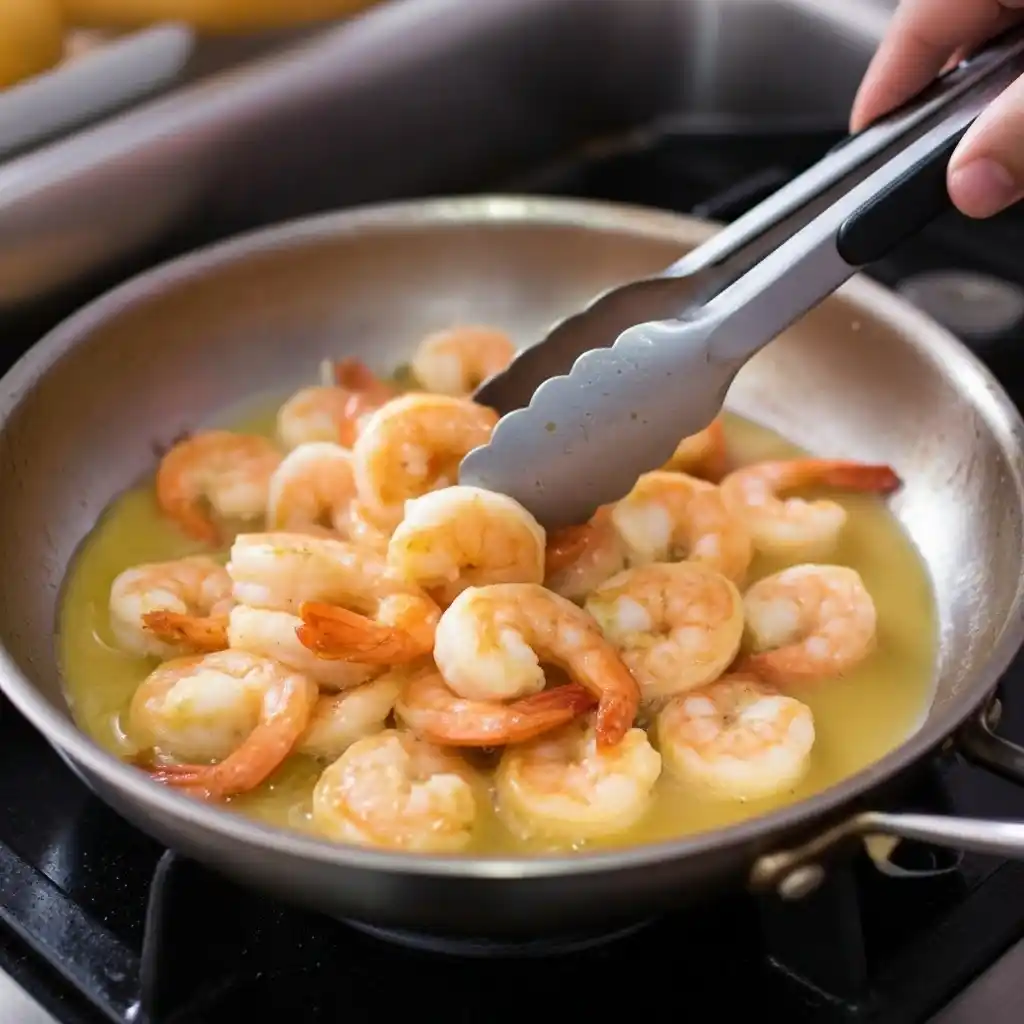 Shrimp cooking in buttery garlic chili sauce in a skillet