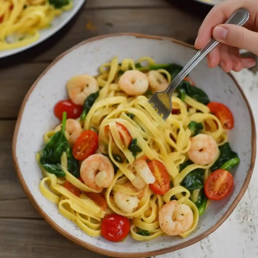 Bowl of shrimp scampi with spinach and cherry tomatoes