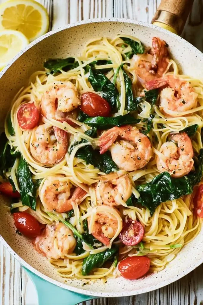 Shrimp Scampi with Spinach and Cherry Tomatoes in skillet