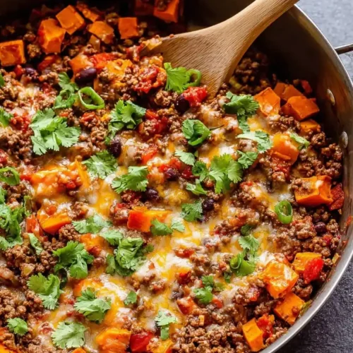 southwest ground beef and sweet potato skillet dinner in pan