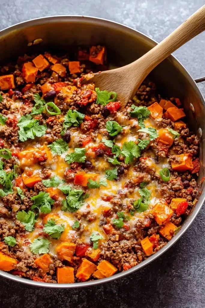 southwest ground beef and sweet potato skillet dinner in pan