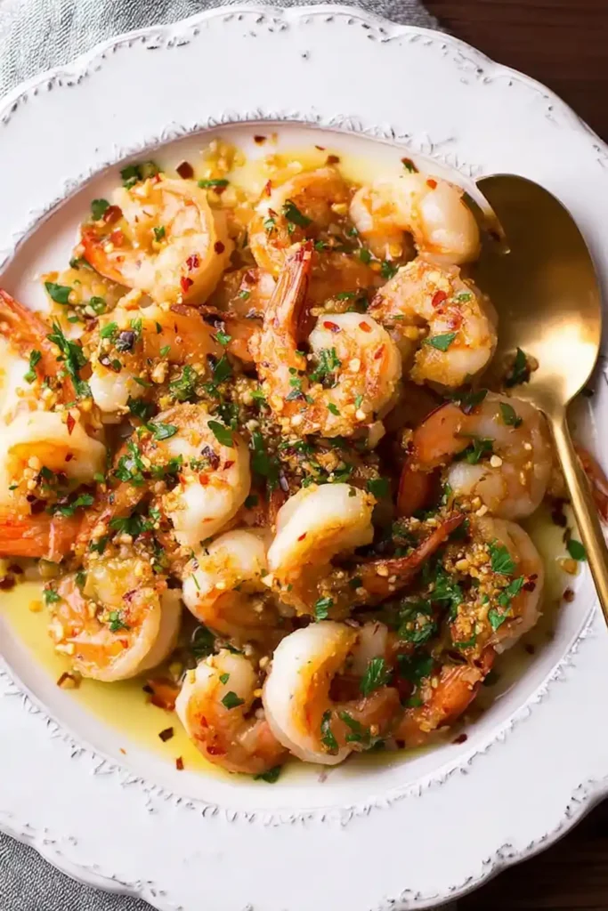 Spicy Shrimp Scampi with Chili Flakes on a white plate topped with garlic and parsley