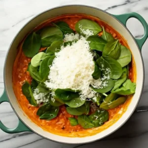 Fresh spinach and Parmesan added to creamy tomato orzo