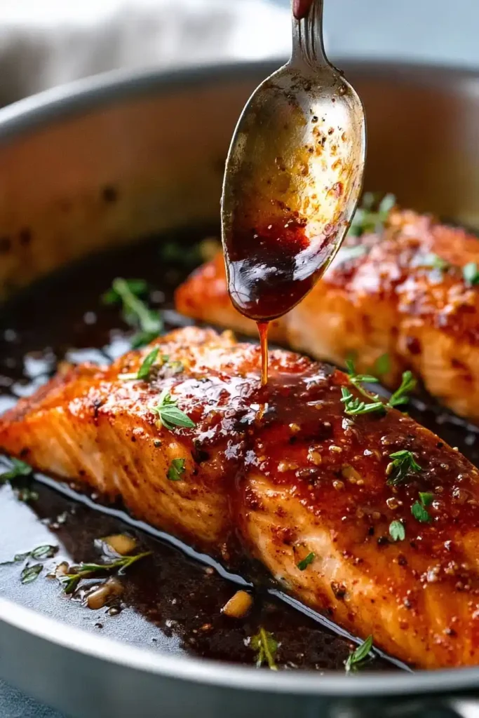 spoon pouring honey garlic glaze on salmon fillet